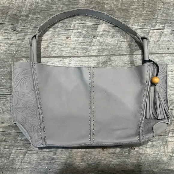 The Sak Los Feliz Leather Hobo Bag Dove Gray | Embossed Boho Tassel Purse | NWOT - Picture 7 of 11